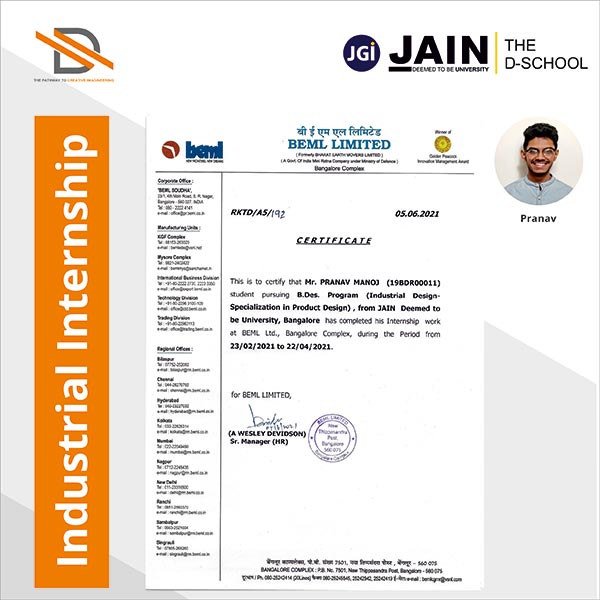 industrial design in product specilization internship certificate from BEMEL to Pranav