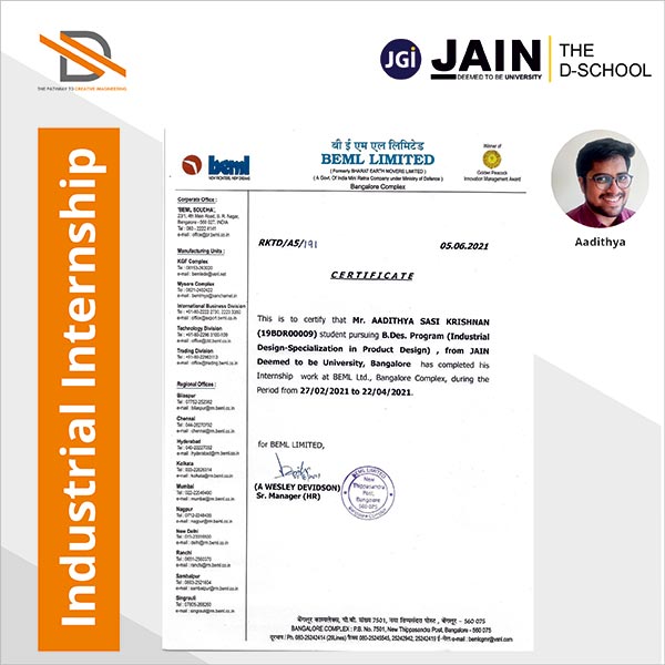 industrial design in product specilization internship certificate from BEMEL to aaditya