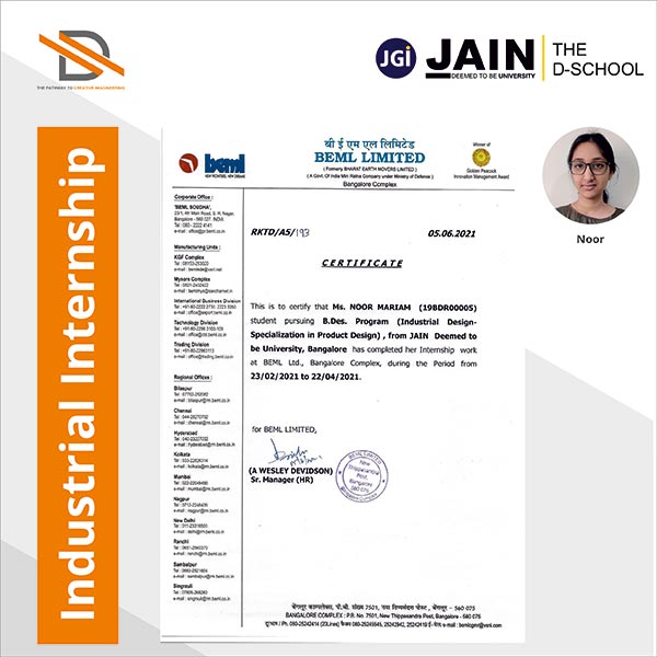 industrial design in product specilization internship certificate from BEMEL to NOOR